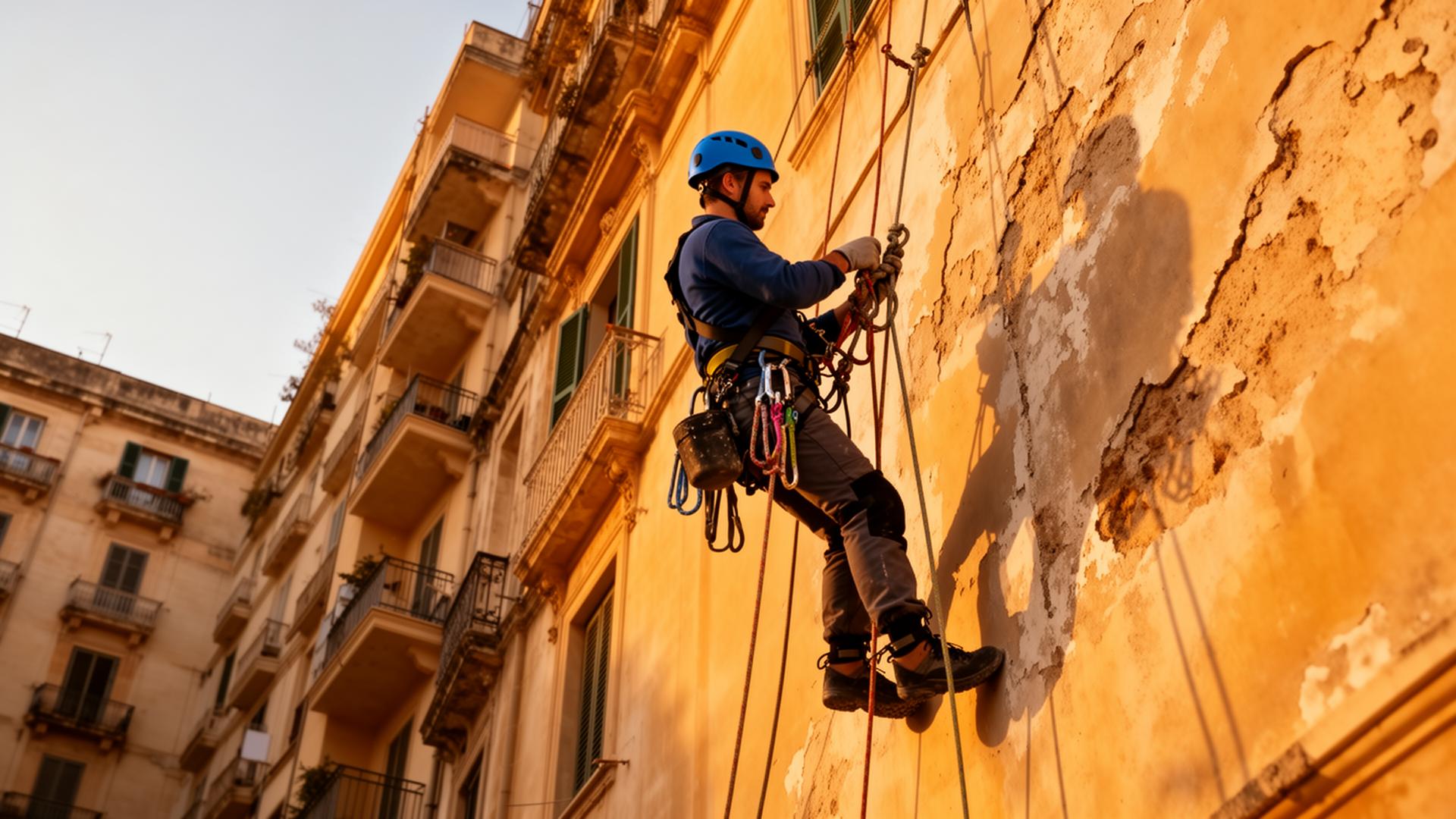 Operatore in edilizia acrobatica su facciata a Marsala